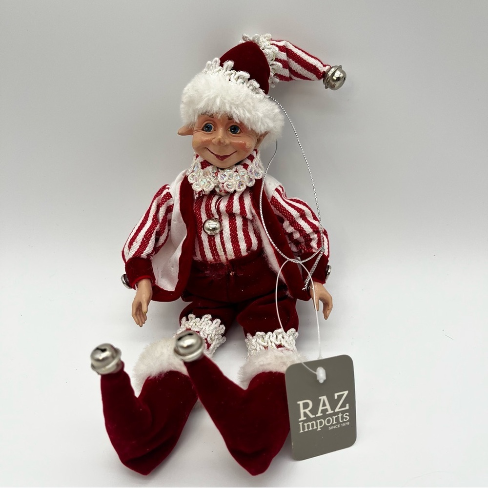 RAZ Festive Red White Christmas Striped Elf Doll Bells Candy Strips 13"